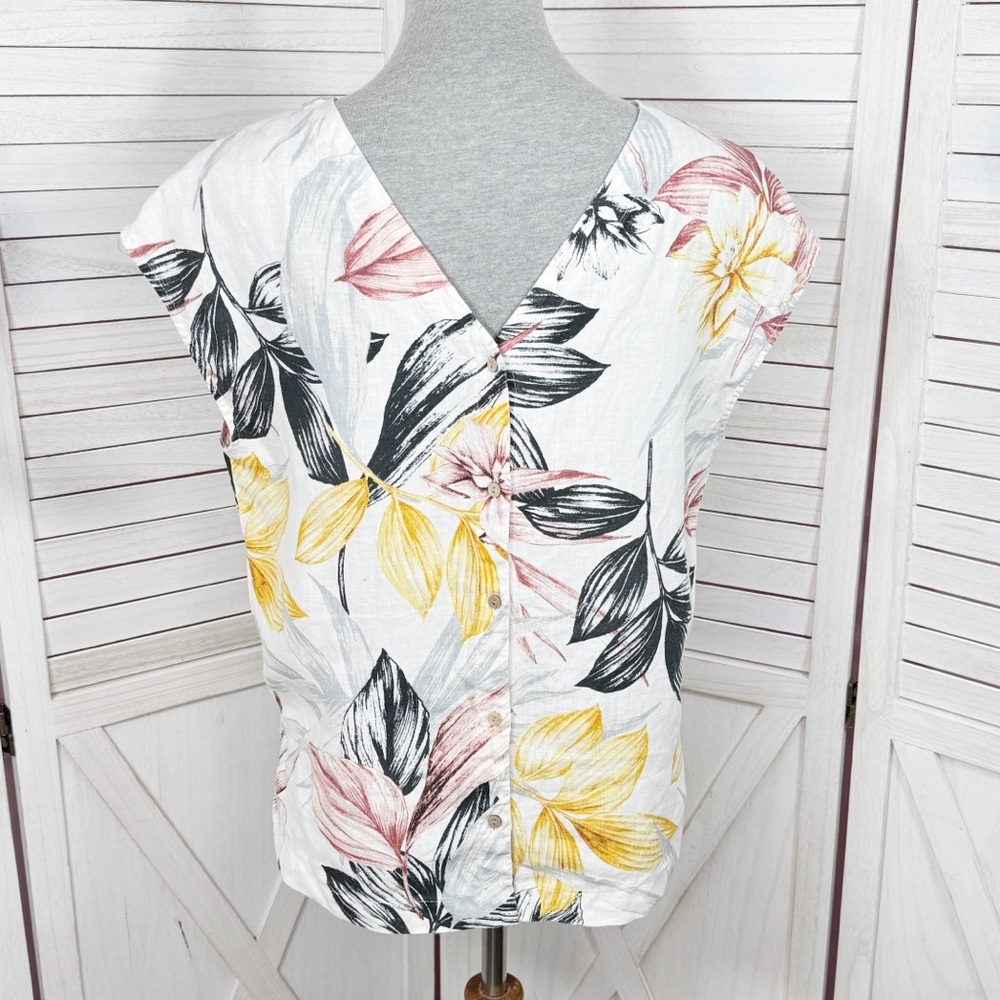 C&C California Tropical Palm Print Linen Button Back Shirt White Multi Medium - Picture 4 of 11